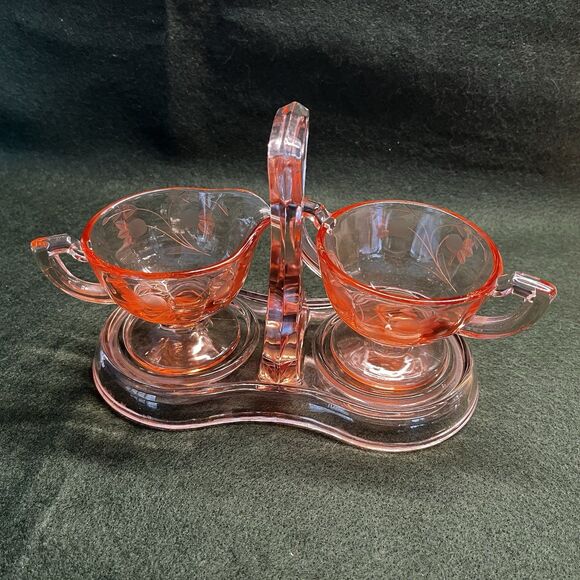 Pink Depression Glass Sugar Bowl and Creamer Set With Caddy Etched Flowers - Picture 1 of 12